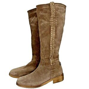 Fabianelli Tan Suede Knee High Boots 38/7 Faux Fur Lined Italy Braided Riding